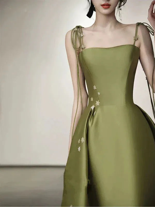 Elegant Mermaid Square-Neck Sleeveless Tied Olive Green Long Prom Dress for Women Ready to Ship