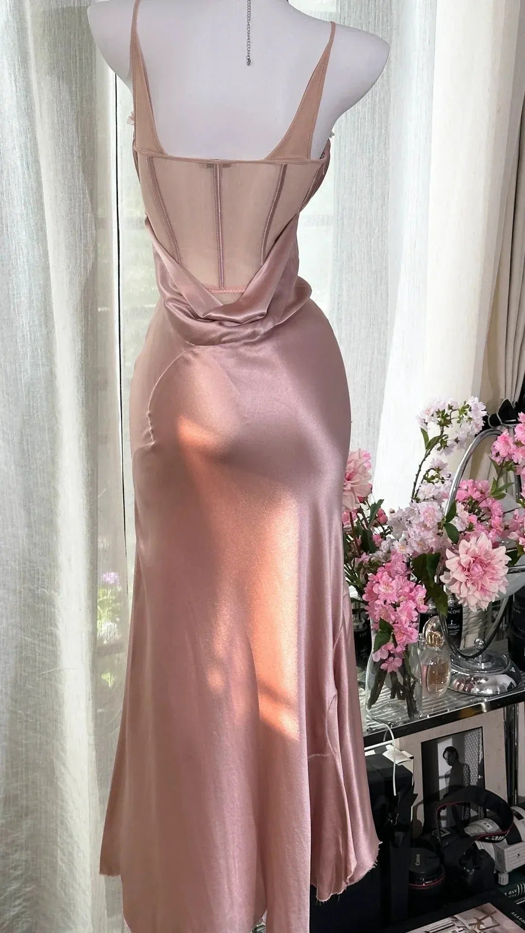 Elegant Mermaid Square-Neck Spaghetti-Strap Ruched Satin Blush Midi Evening Dress for Women