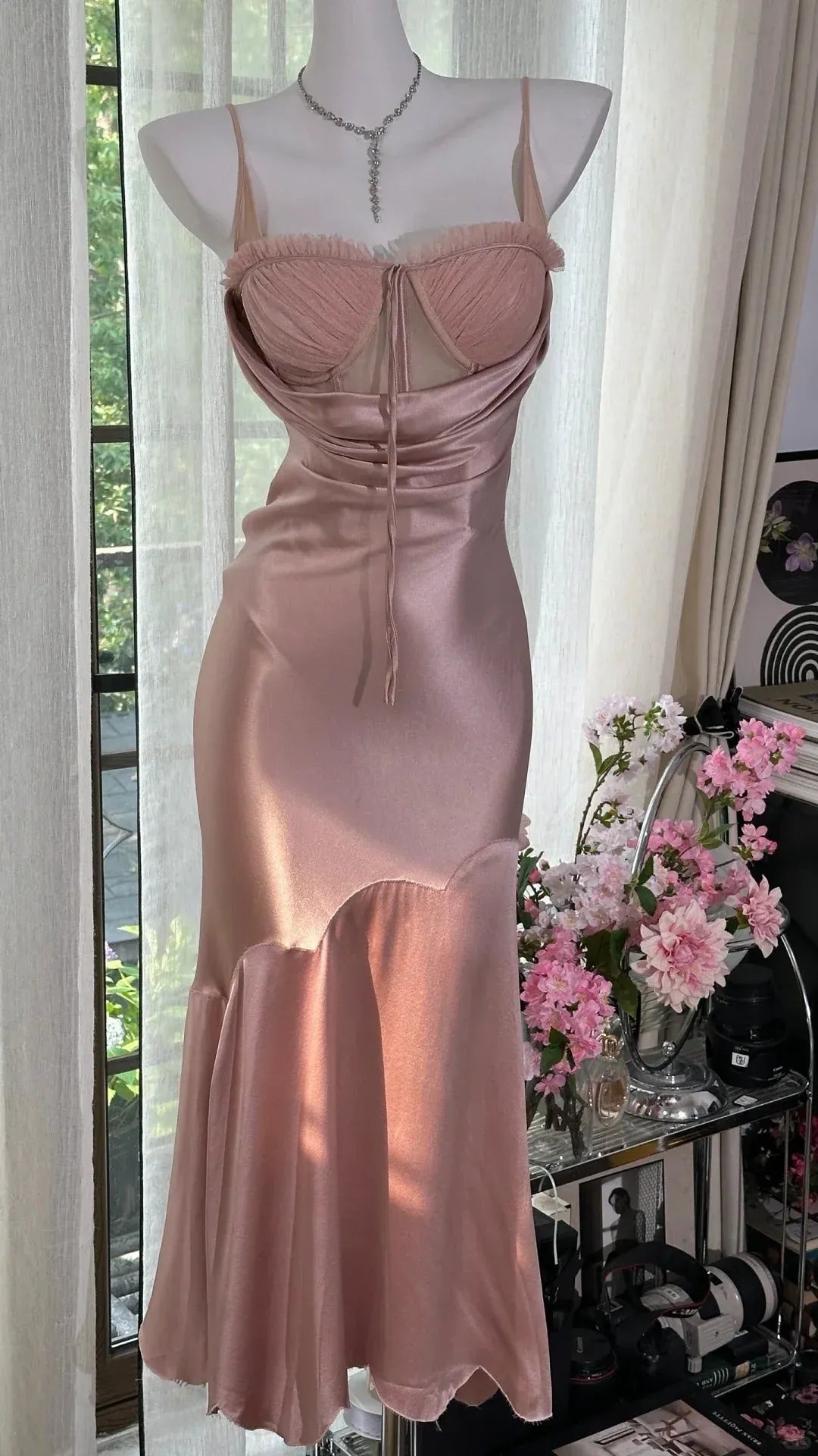 Elegant Mermaid Square-Neck Spaghetti-Strap Ruched Satin Blush Midi Evening Dress for Women