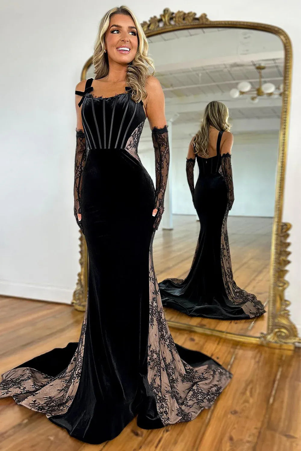 Elegant Mermaid Square Neck Long-Sleeve Lace-Velvet Black Floor-Length Evening Dress For Women