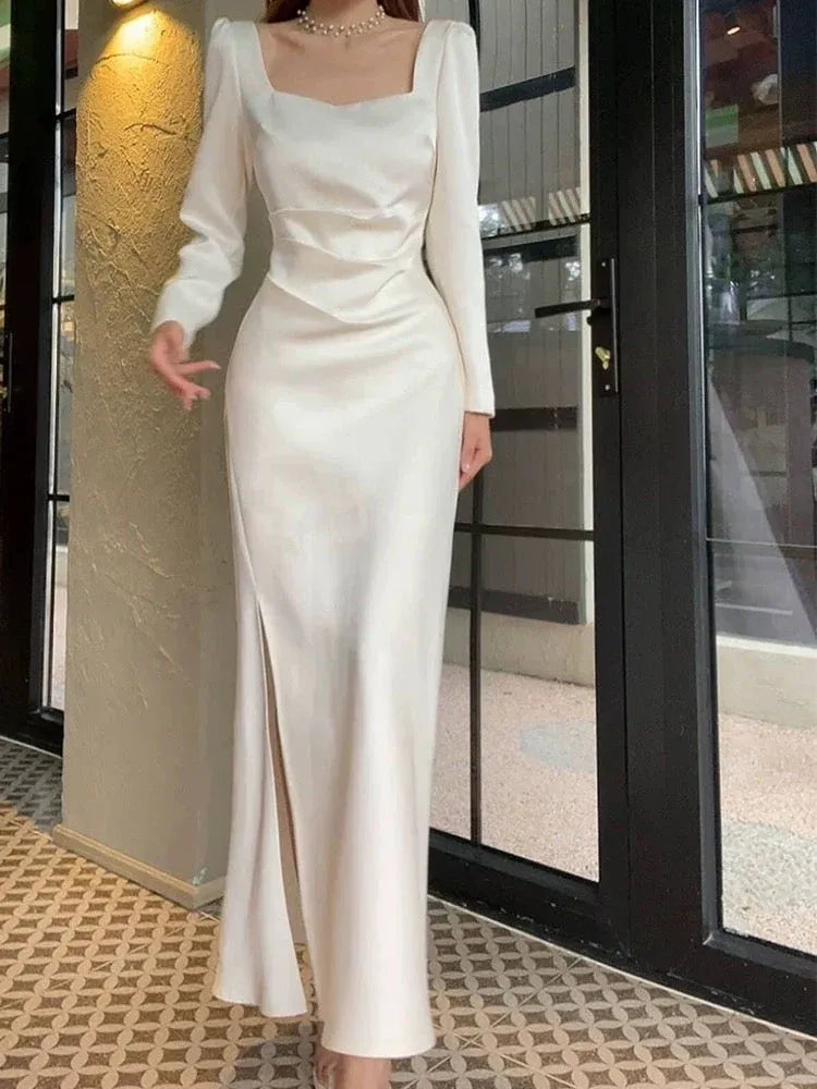 Elegant Mermaid Square Neck Long Sleeve Ivory Maxi Prom Dress for Women Ready to Ship