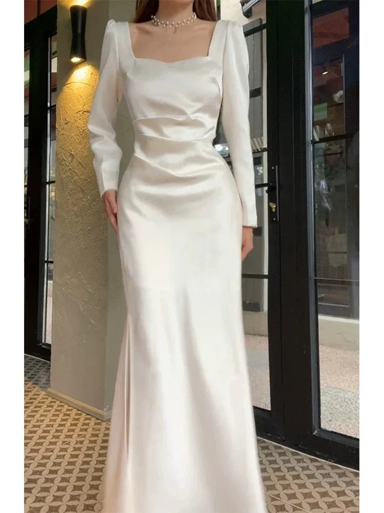 Elegant Mermaid Square Neck Long Sleeve Ivory Maxi Prom Dress for Women Ready to Ship