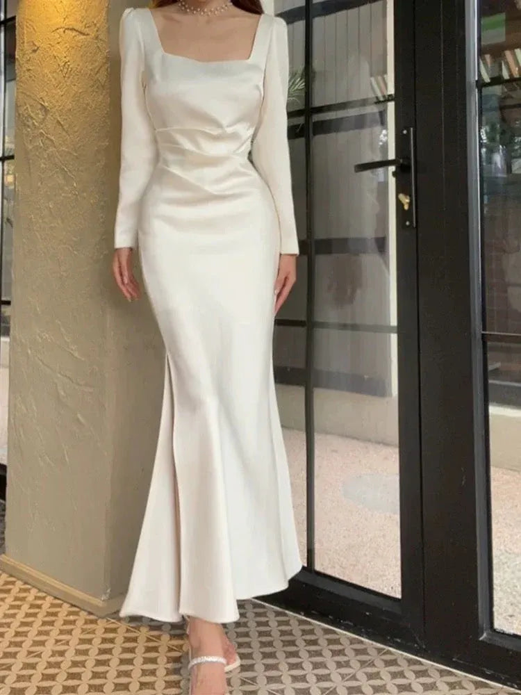 Elegant Mermaid Square Neck Long Sleeve Ivory Maxi Prom Dress for Women Ready to Ship