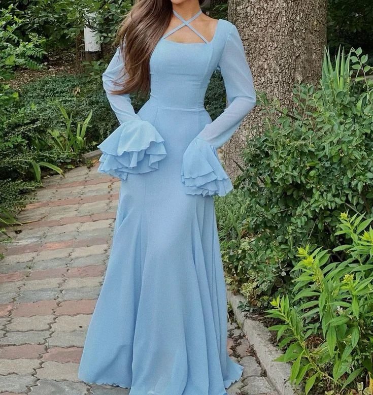 Elegant Mermaid Square Neck Long Sleeves Chiffon Light Blue Prom Dress