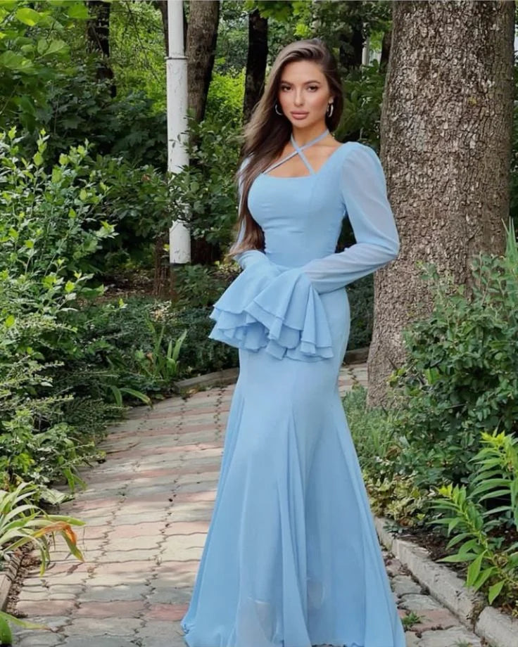 Elegant Mermaid Square Neck Long Sleeves Chiffon Light Blue Prom Dress