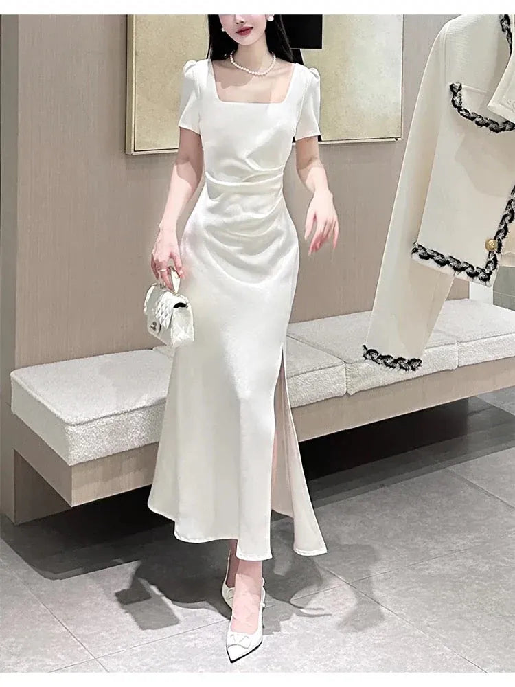 Elegant Mermaid Square Neck Short Sleeve Ivory Maxi Prom Dress for Women Ready to Ship