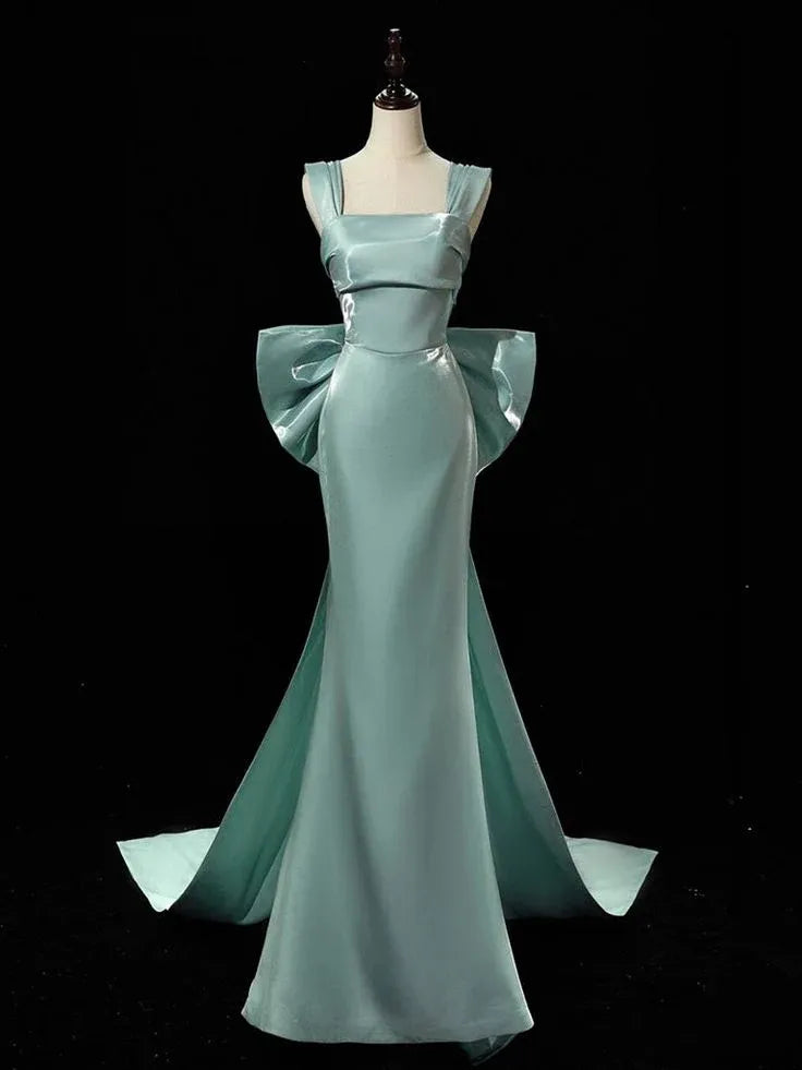 Elegant Mermaid Square Neck Sleeveless Bow-embellished Mint Green Maxi Prom Dress for Women Custom