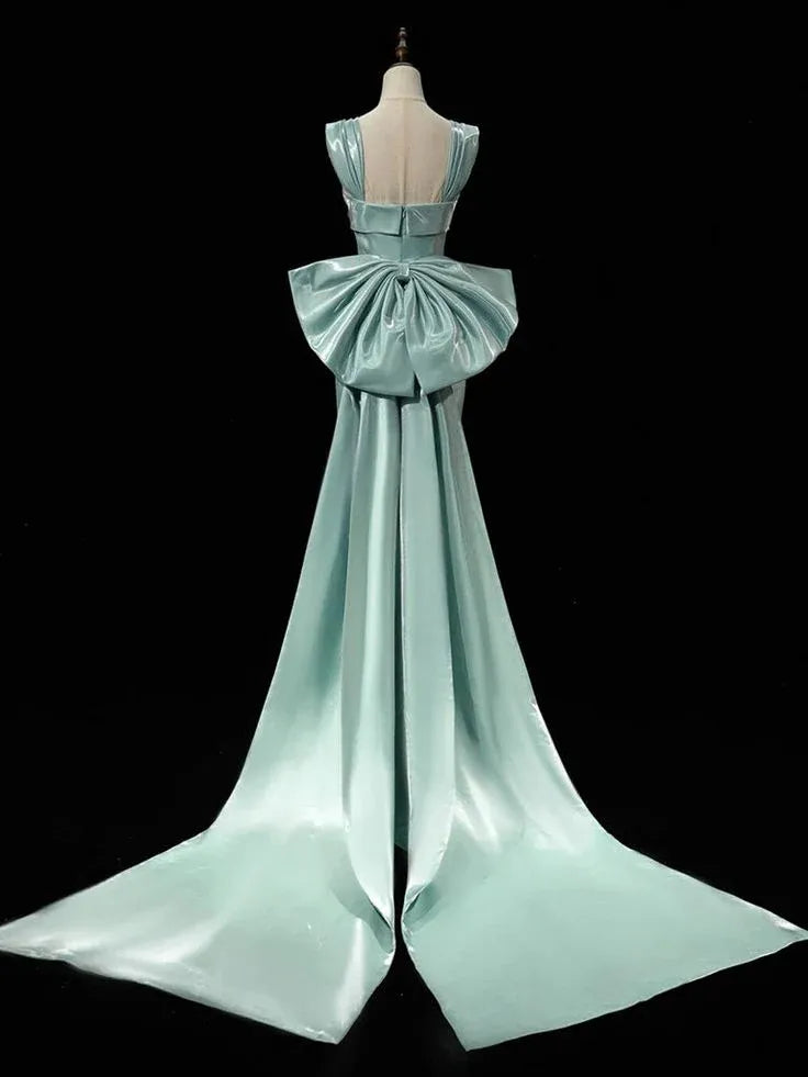 Elegant Mermaid Square Neck Sleeveless Bow-embellished Mint Green Maxi Prom Dress for Women Custom
