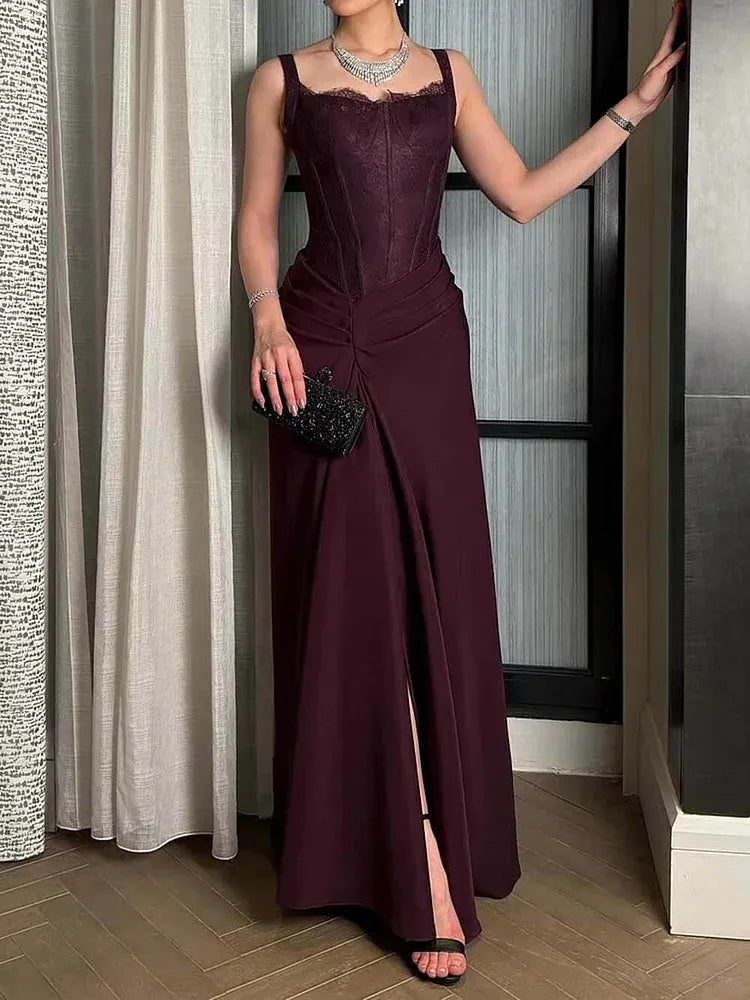 Elegant Mermaid Square Neck Sleeveless Lace Slit Floor-Length Evening Dress