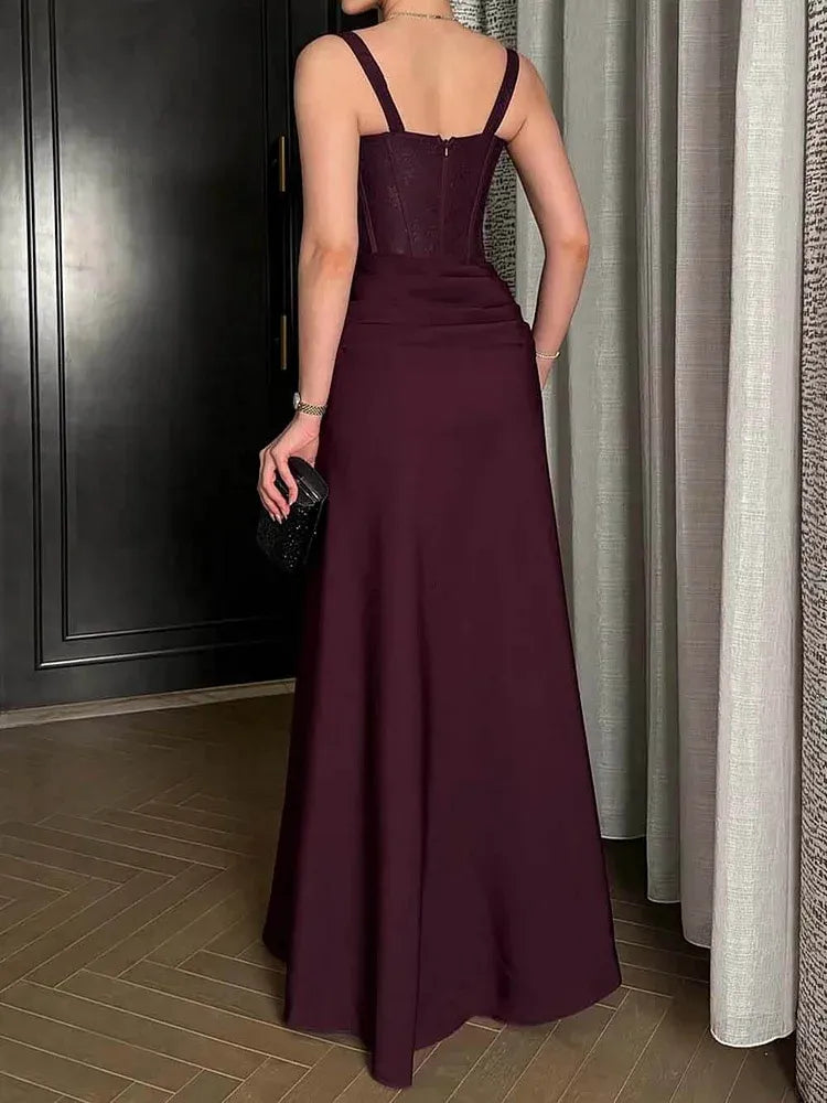 Elegant Mermaid Square Neck Sleeveless Lace Slit Floor-Length Evening Dress