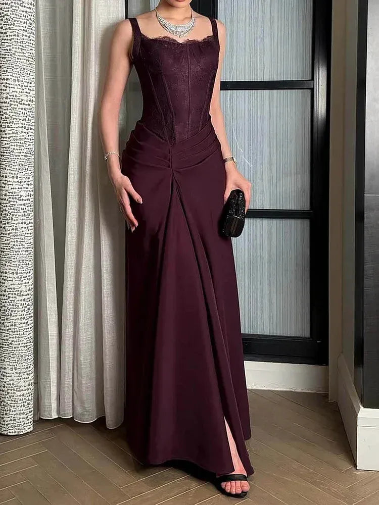Elegant Mermaid Square Neck Sleeveless Lace Slit Floor-Length Evening Dress