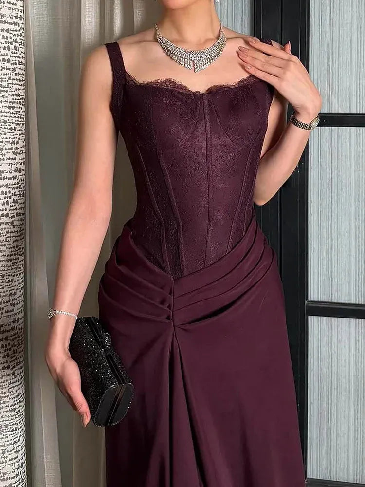 Elegant Mermaid Square Neck Sleeveless Lace Slit Floor-Length Evening Dress