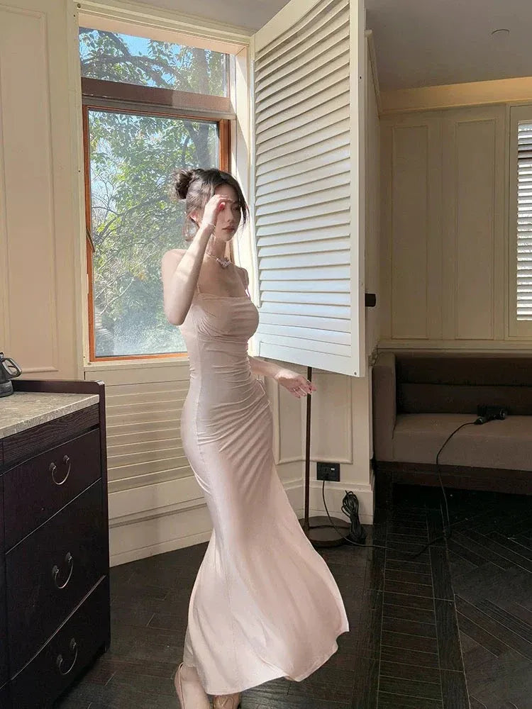 Elegant Mermaid Square Neck Sleeveless Ruched Beige Maxi Prom Dress