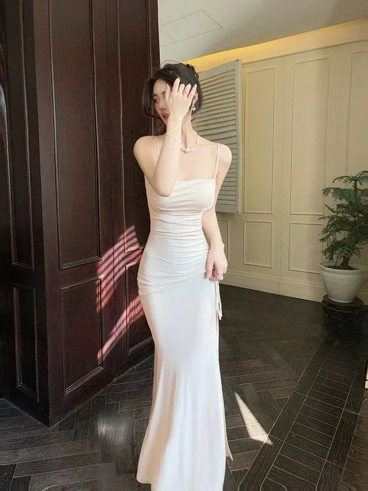 Elegant Mermaid Square Neck Sleeveless Ruched Beige Maxi Prom Dress