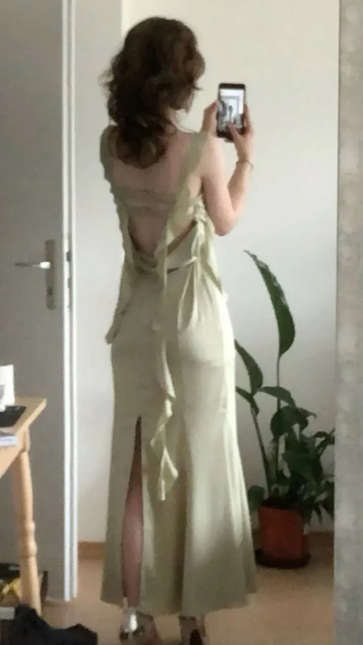 Elegant Mermaid Square Neck Sleeveless Ruffled Satin Sage Green Maxi Evening Dress for Women