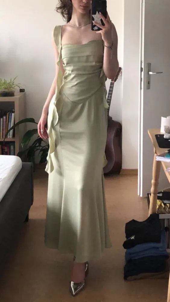 Elegant Mermaid Square Neck Sleeveless Ruffled Satin Sage Green Maxi Evening Dress for Women