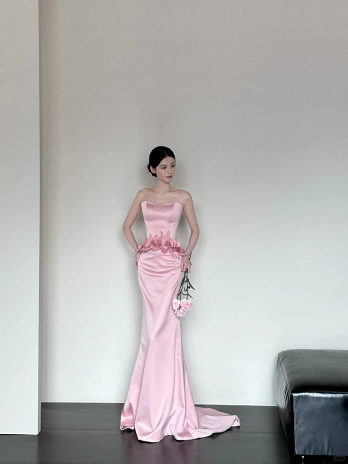 Elegant Mermaid Strapless Applique Satin Pink Evening Dress Birthday Party Dress