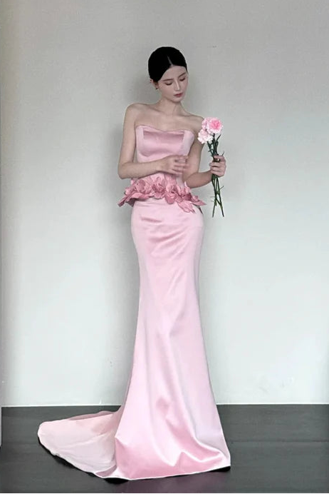 Elegant Mermaid Strapless Applique Satin Pink Evening Dress Birthday Party Dress