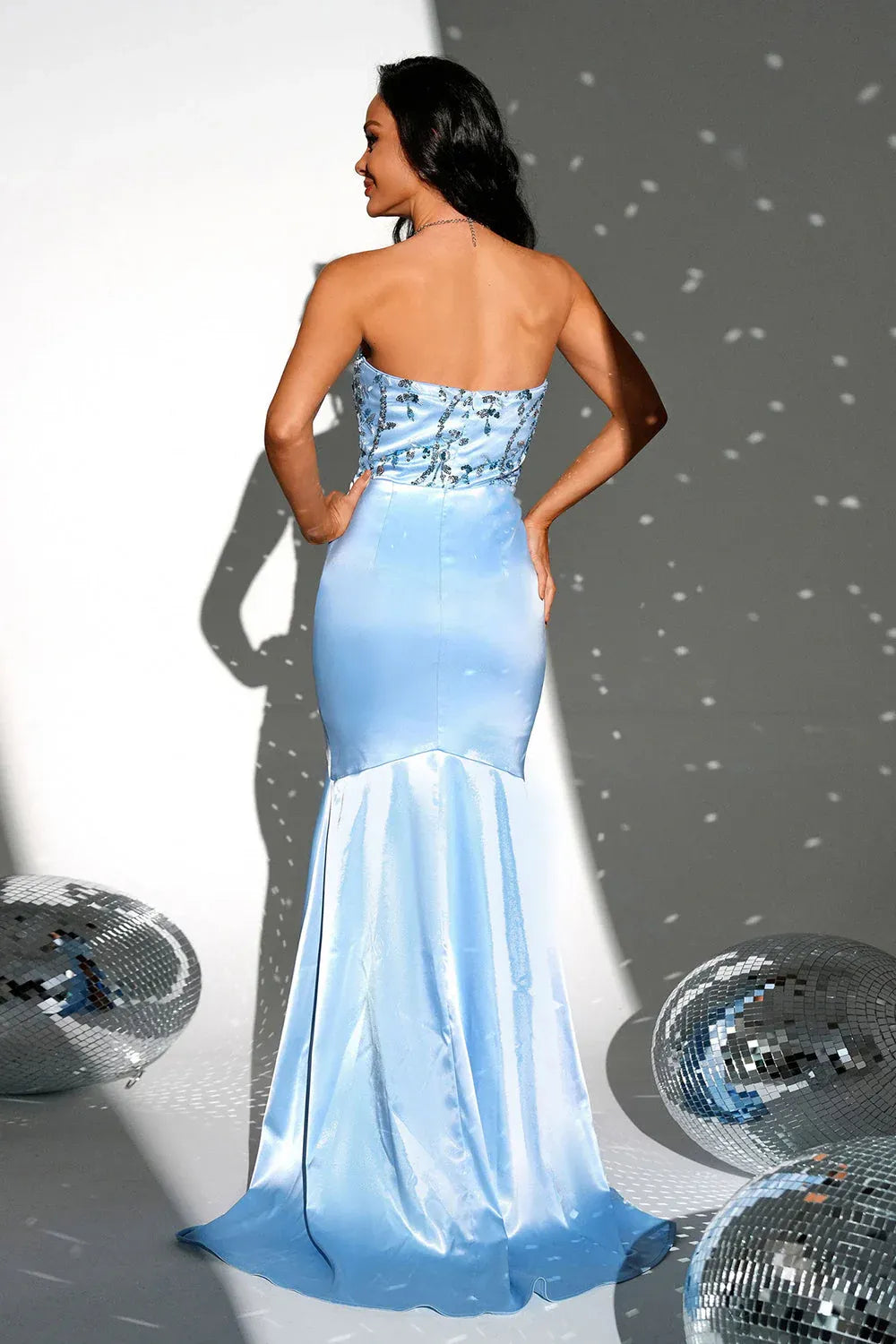 Elegant Mermaid Strapless Beaded Sky Blue Long Prom Dress With Slit