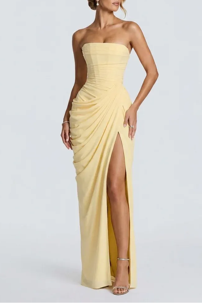 Elegant Mermaid Strapless Corset Ruched High Slit Yellow Floor-Length Prom Dress