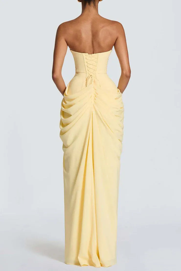 Elegant Mermaid Strapless Corset Ruched High Slit Yellow Floor-Length Prom Dress