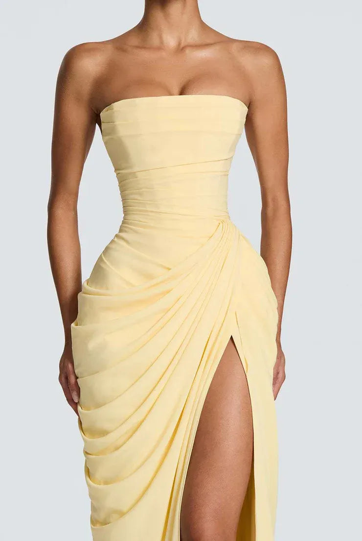 Elegant Mermaid Strapless Corset Ruched High Slit Yellow Floor-Length Prom Dress