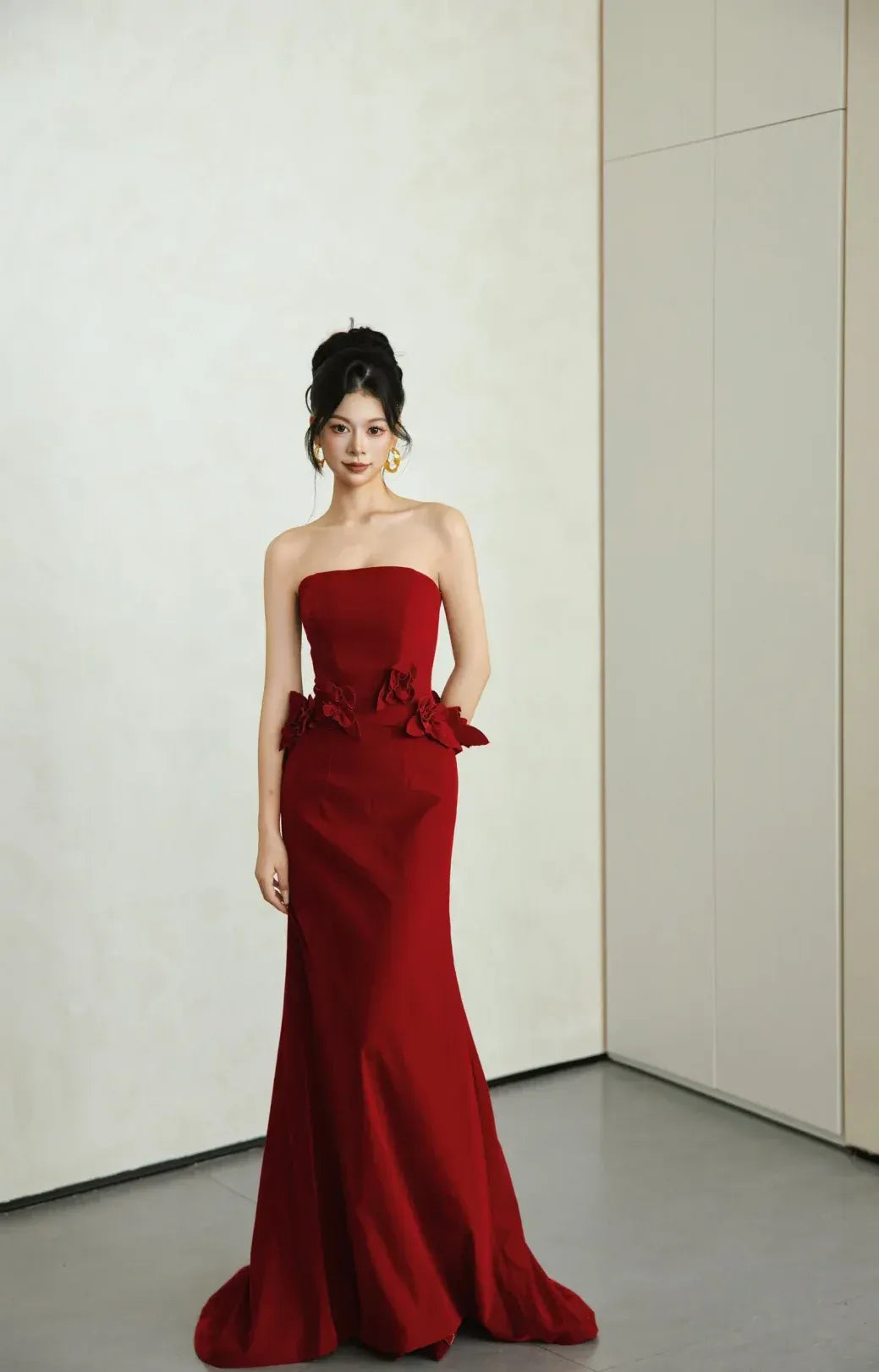 Elegant Mermaid Strapless Floral-Accent Fabric Burgundy Floor-Length Evening Dress for Women