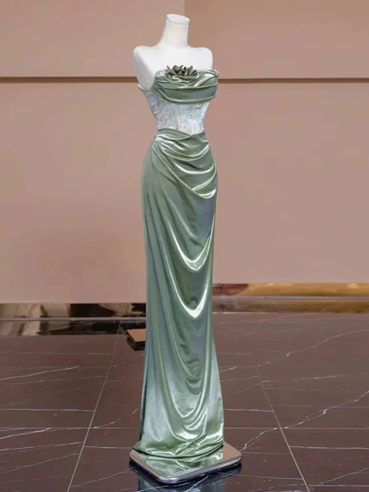 Elegant Mermaid Strapless Lace-Up Satin Sage Maxi Evening Dress for Women