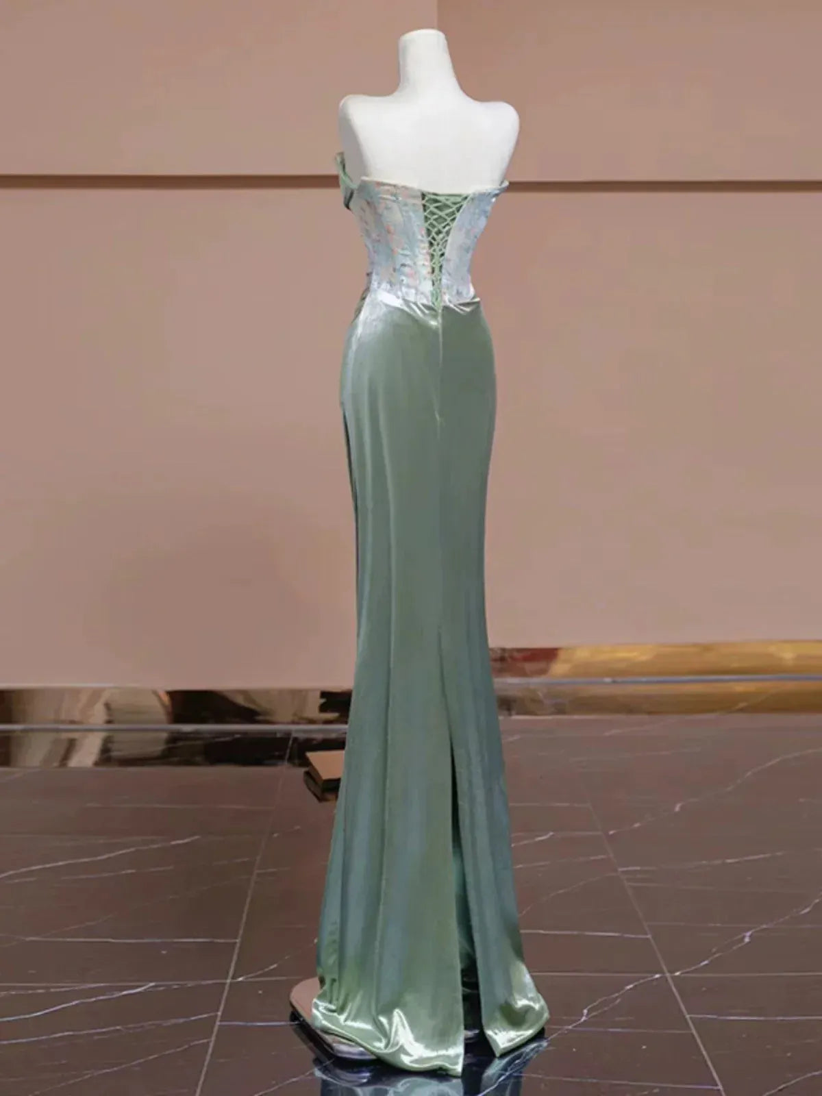 Elegant Mermaid Strapless Lace-Up Satin Sage Maxi Evening Dress for Women