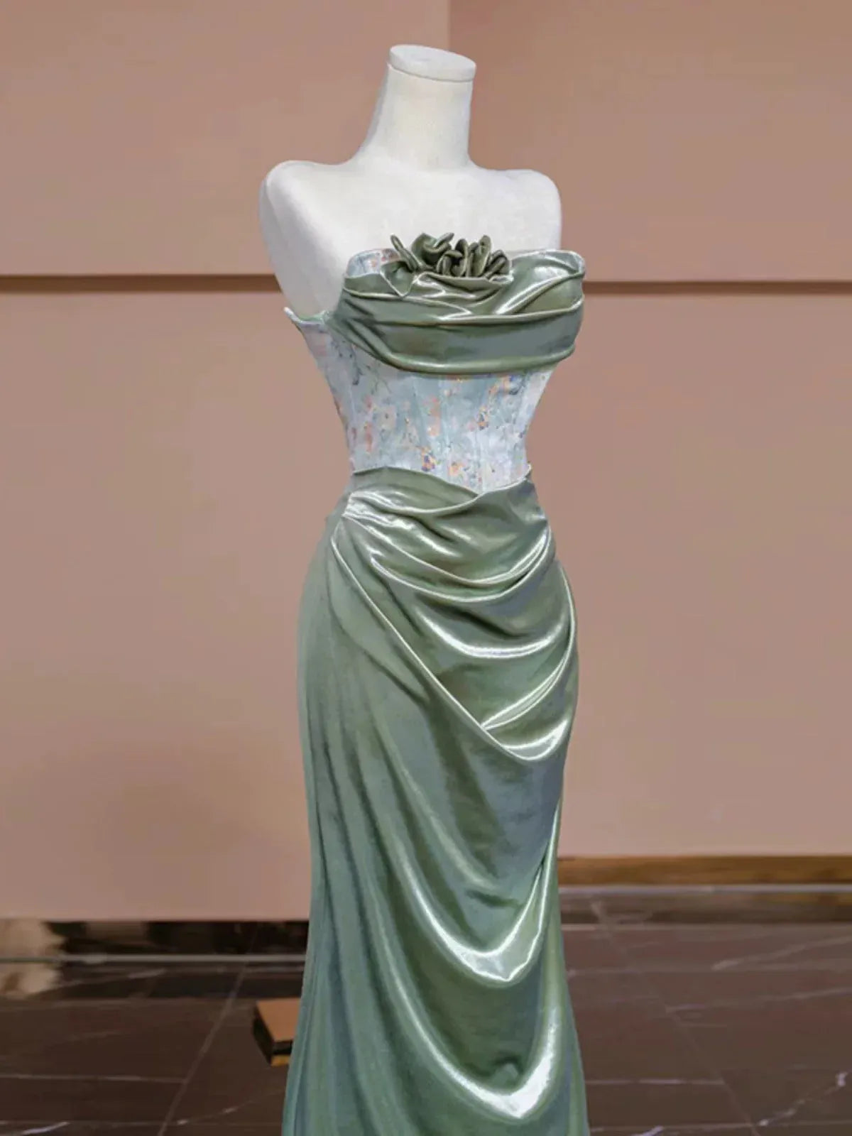 Elegant Mermaid Strapless Lace-Up Satin Sage Maxi Evening Dress for Women