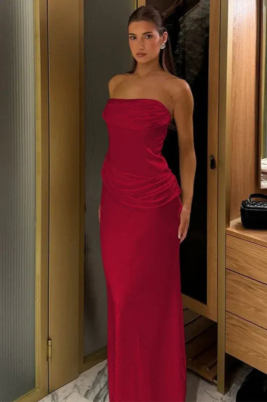 Elegant Mermaid Strapless Ruched Satin White Floor Length Prom Dress Hot Sale