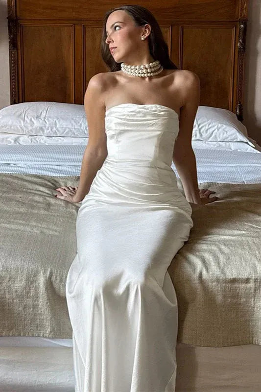Elegant Mermaid Strapless Ruched Satin White Floor Length Prom Dress Hot Sale