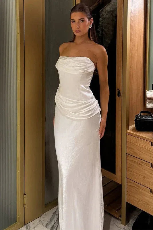 Elegant Mermaid Strapless Ruched Satin White Floor Length Prom Dress Hot Sale