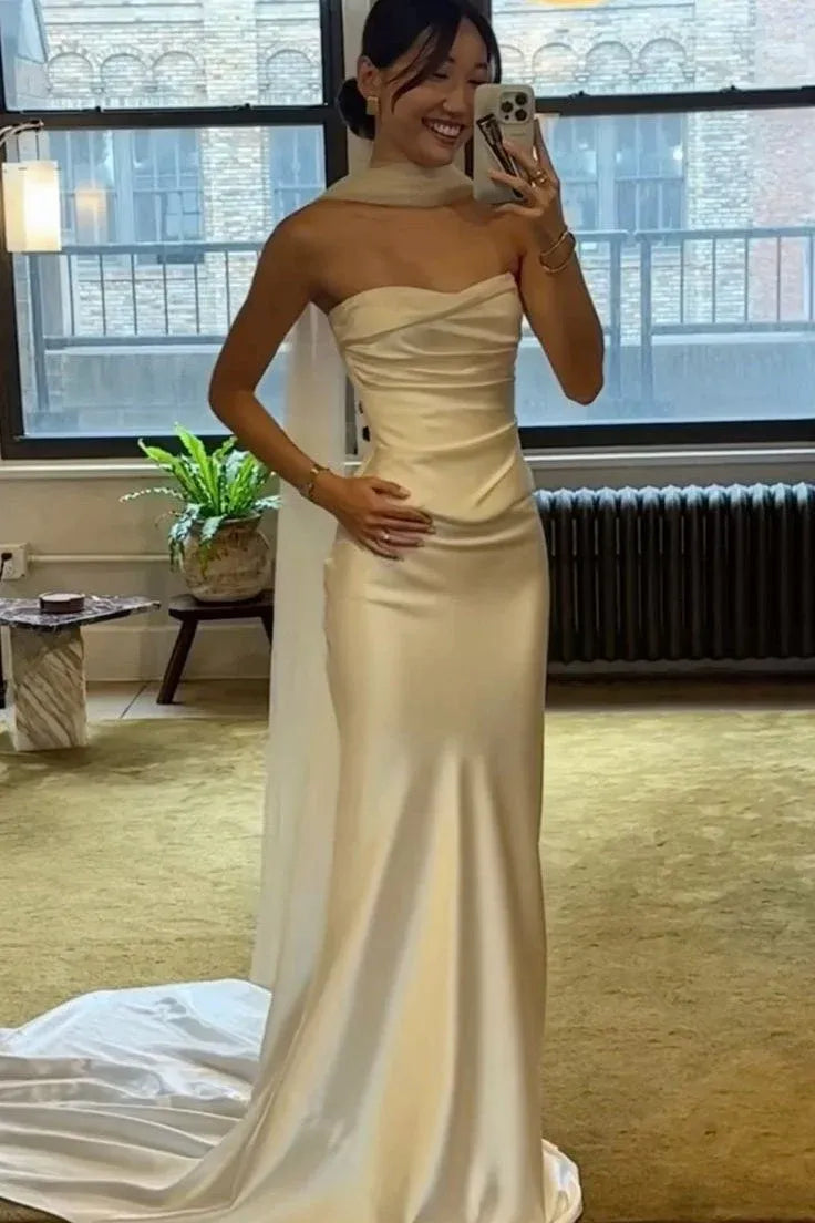 Elegant Mermaid Strapless Ruched White Train Prom Dress With Scarf Custom