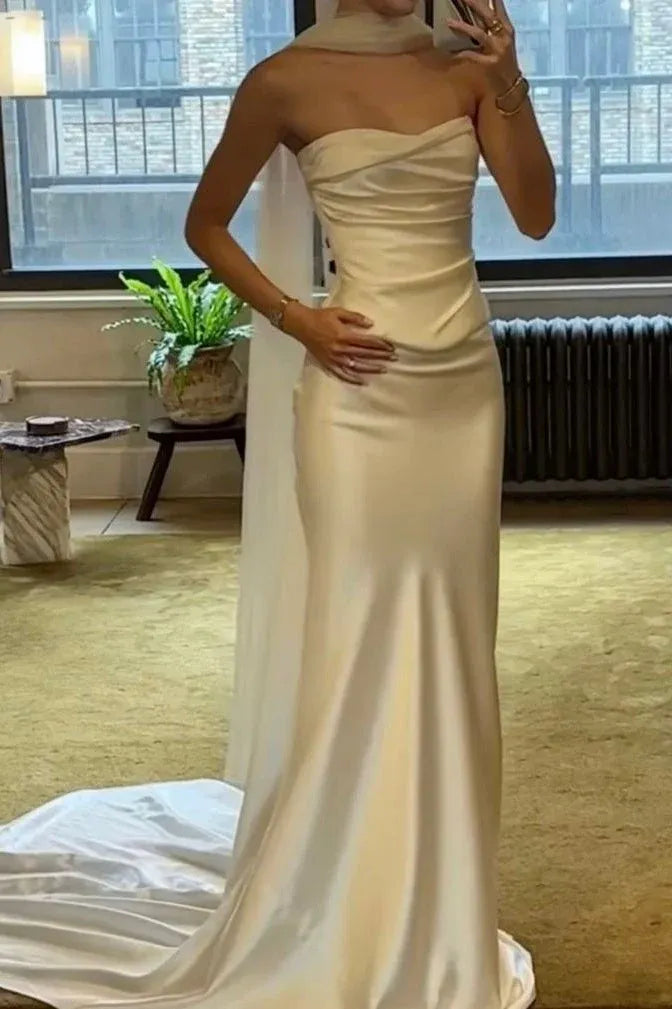 Elegant Mermaid Strapless Ruched White Train Prom Dress With Scarf Custom