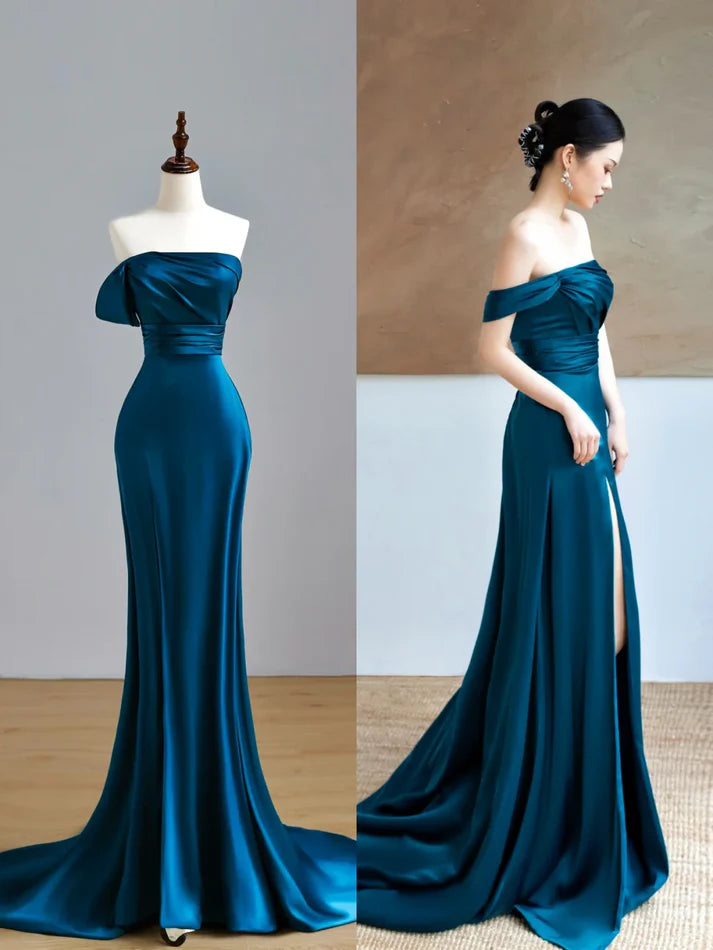 Elegant Mermaid Strapless Satin Blue Prom Dress Evening Dress With Sweep Train
