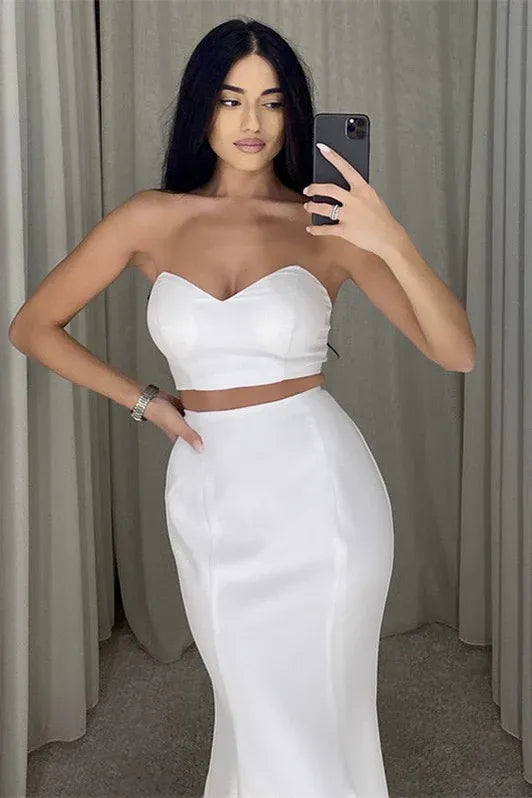 Elegant Mermaid Strapless Crop Satin White Train Prom Dress For Sale