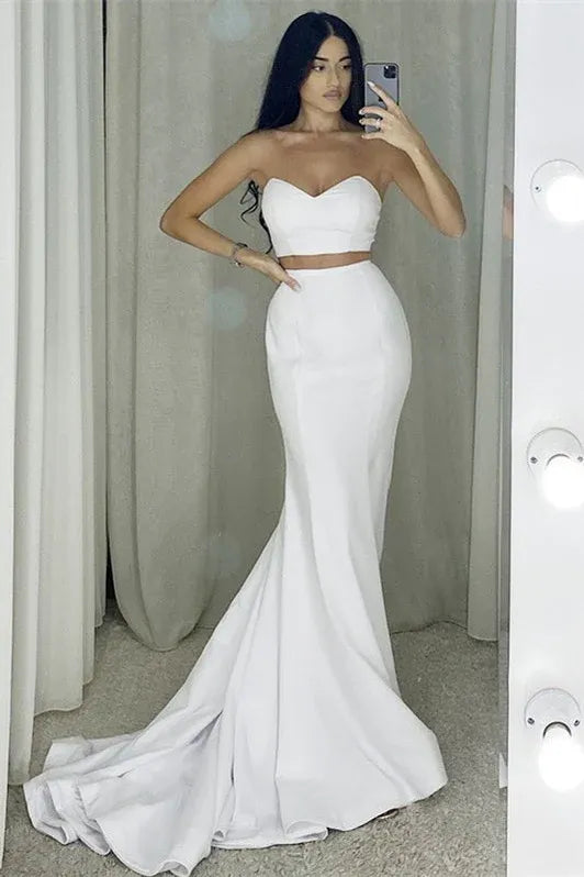 Elegant Mermaid Strapless Crop Satin White Train Prom Dress For Sale
