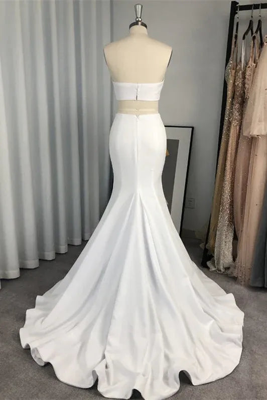 Elegant Mermaid Strapless Crop Satin White Train Prom Dress For Sale