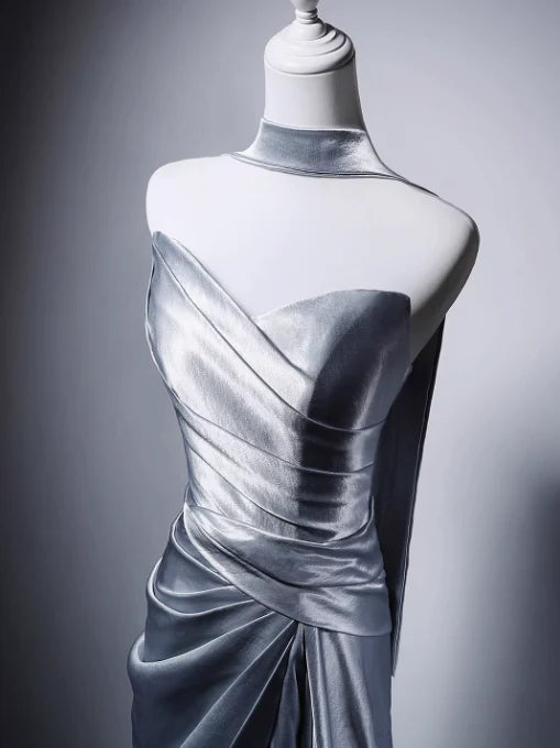 Elegant Mermaid Strapless Satin Gray Blue Evening Dress With Scarf