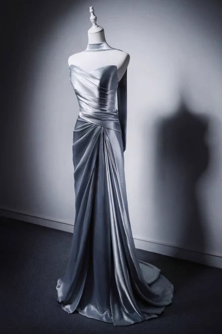 Elegant Mermaid Strapless Satin Gray Blue Evening Dress With Scarf