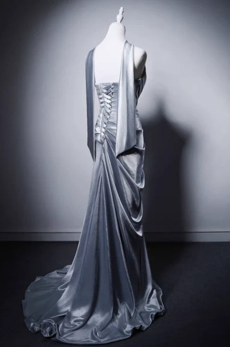 Elegant Mermaid Strapless Satin Gray Blue Evening Dress With Scarf