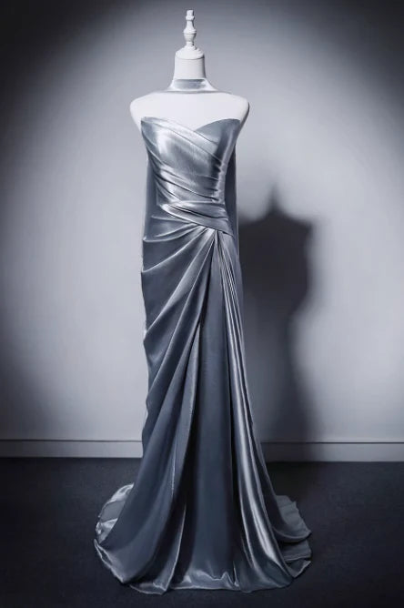 Elegant Mermaid Strapless Satin Gray Blue Evening Dress With Scarf