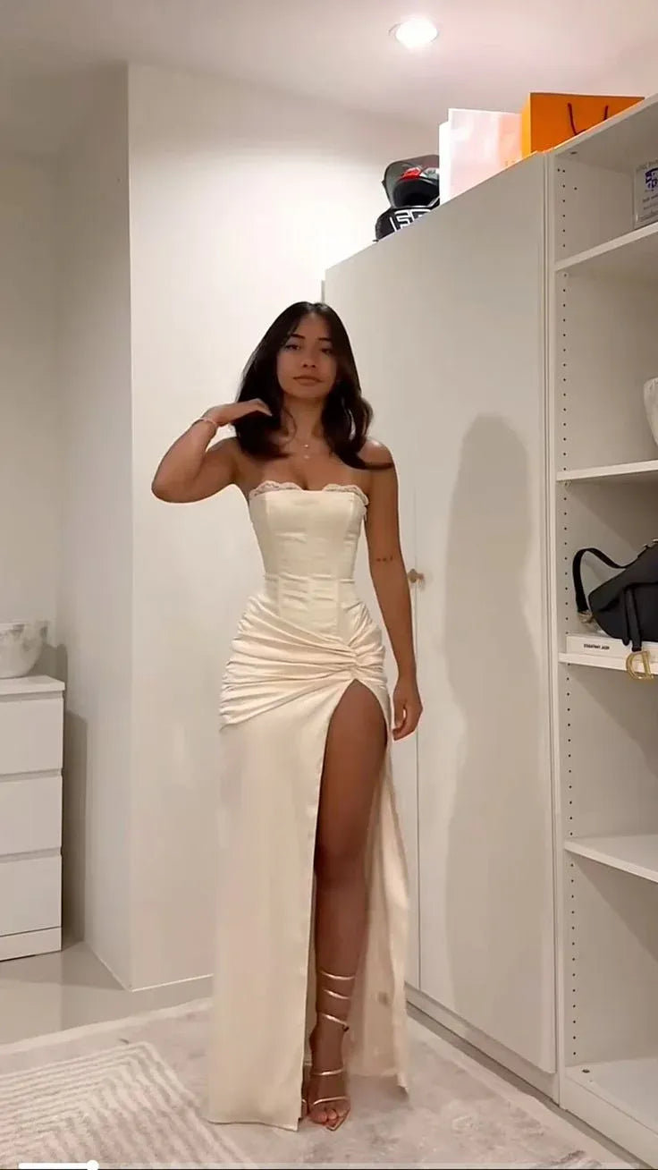 Elegant Mermaid Strapless Sleeveless Lace-Up Satin Ivory Maxi Prom Dress