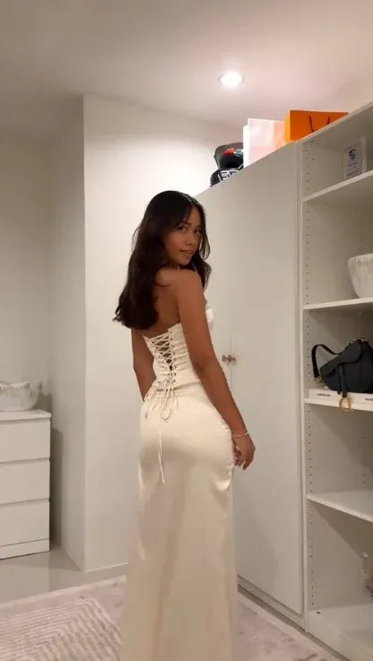 Elegant Mermaid Strapless Sleeveless Lace-Up Satin Ivory Maxi Prom Dress