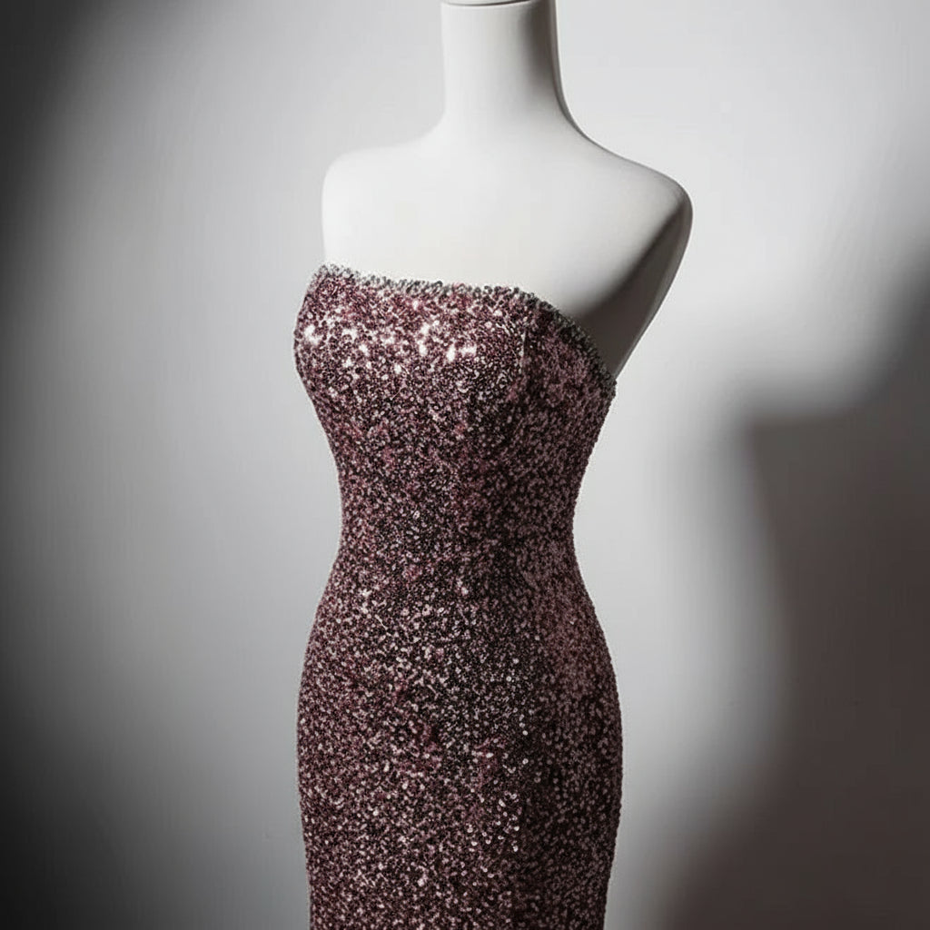 Elegant Mermaid Strapless Slit Sequin Pink Evening Dress Prom Dress