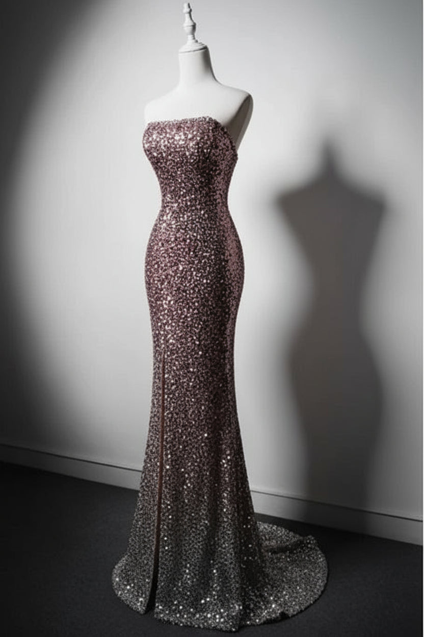 Elegant Mermaid Strapless Slit Sequin Pink Evening Dress Prom Dress