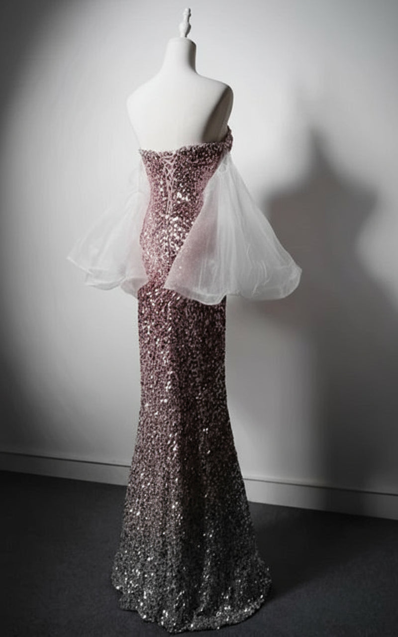 Elegant Mermaid Strapless Slit Sequin Pink Evening Dress Prom Dress