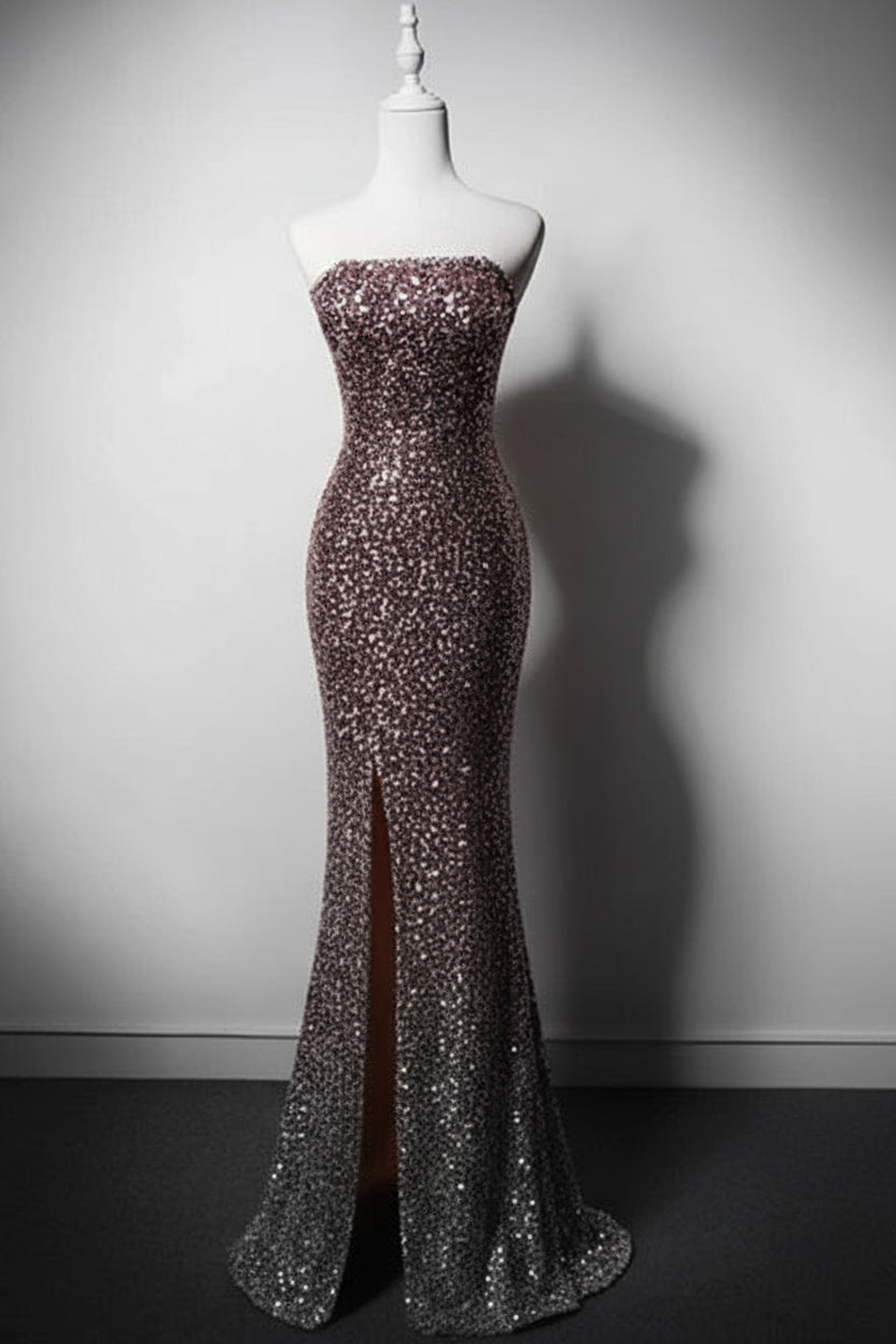 Elegant Mermaid Strapless Slit Sequin Pink Evening Dress Prom Dress