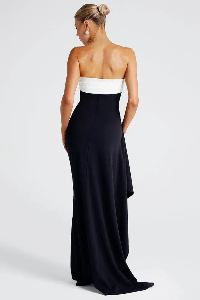 Elegant Mermaid Strapless Two-Tone Ruffle High Slit Black Floor Length Prom Dress